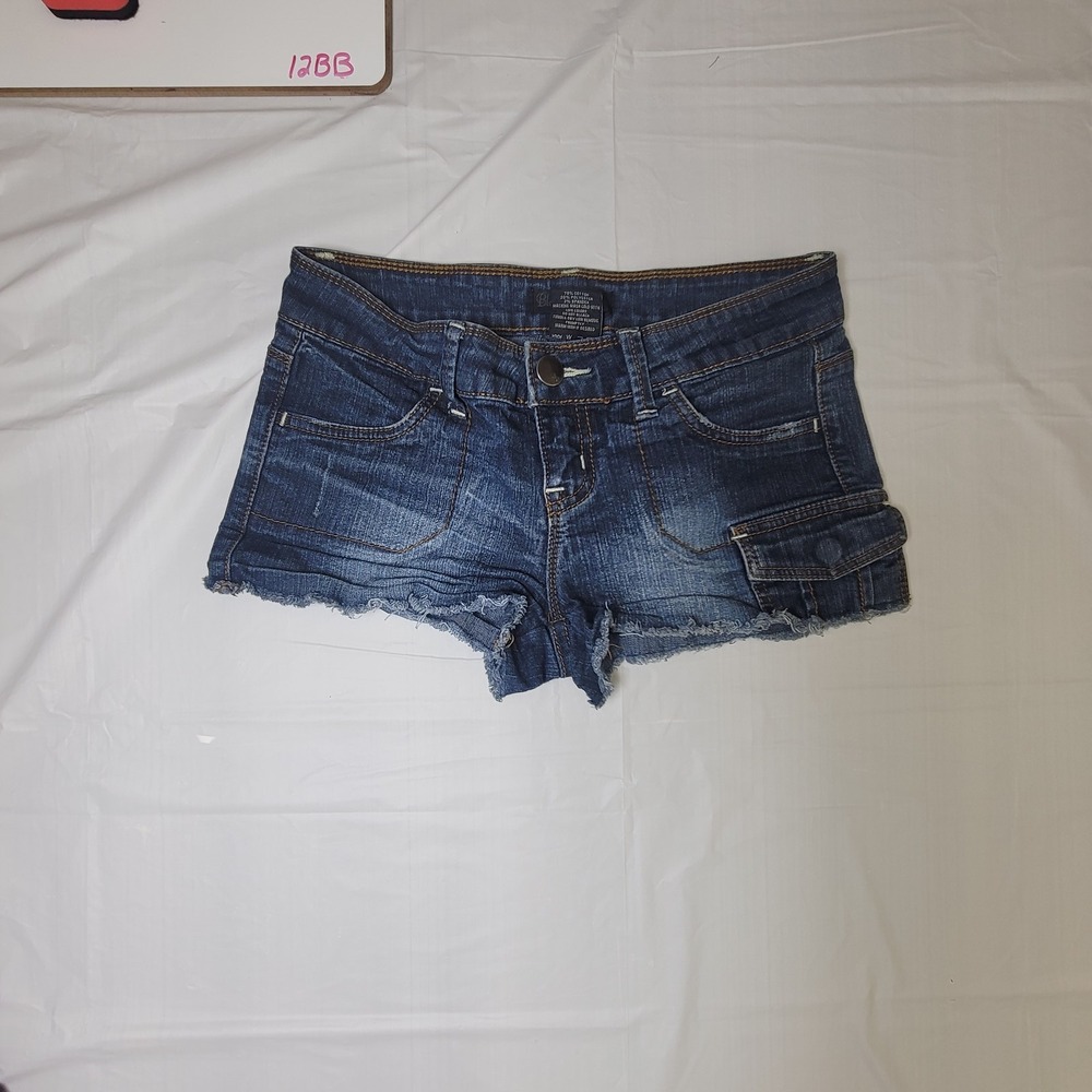 Women's Black Crystal Juniors jean shorts.‎  Blue.  Size 3.  Cut off.  2' inseam
